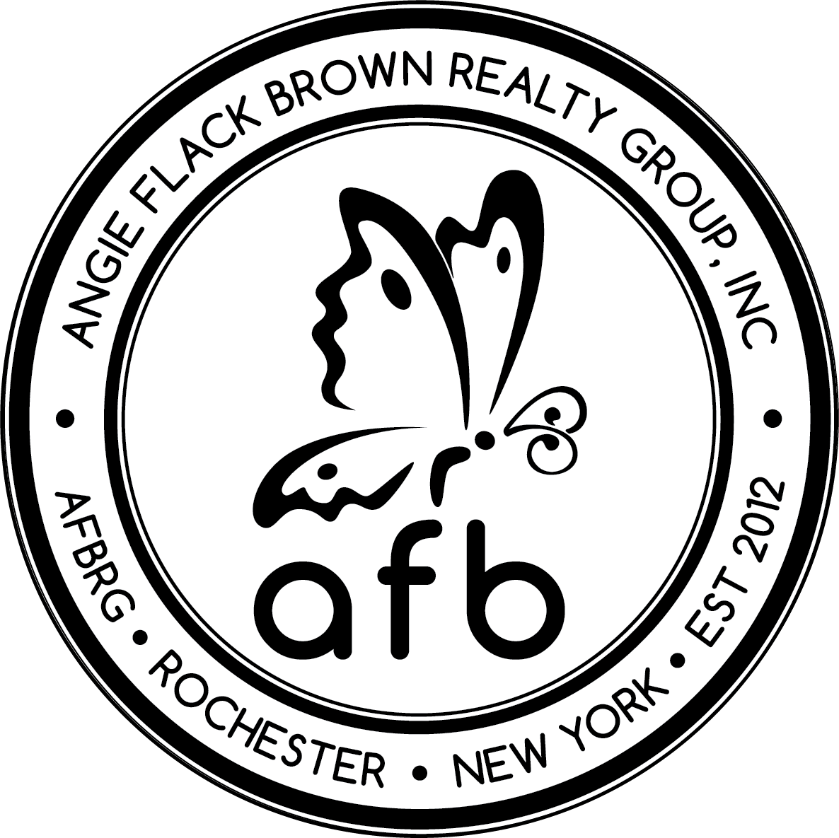 A black and white logo with a butterfly
