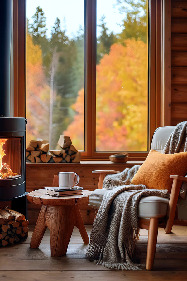 a chair and blanket in front of a wood burning stove in a cabin with fall foliage outside