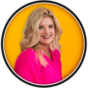 Angie 2025 300Px V.2 Round headshot of angie flack brown in a bright pink shirt with an orange background
